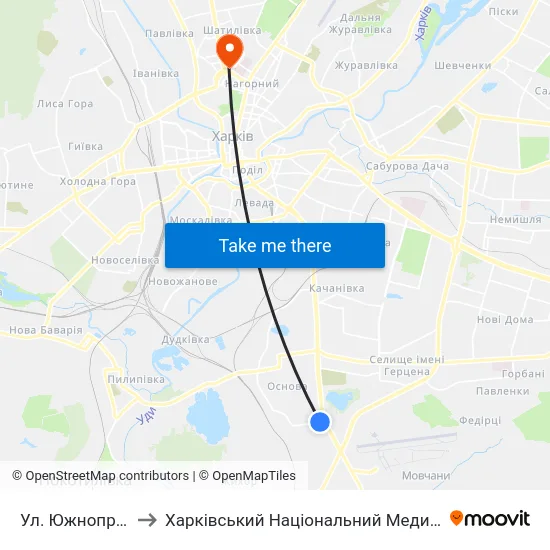 Ул. Южнопроектная to Харківський Національний Медичний Університет map