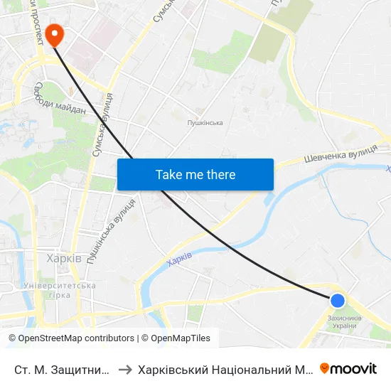 Ст. М. Защитников Украины to Харківський Національний Медичний Університет map