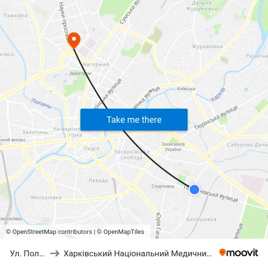 Ул. Полевая to Харківський Національний Медичний Університет map