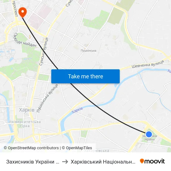 Захисників України (Zachysnykiv Ukrainy) to Харківський Національний Медичний Університет map