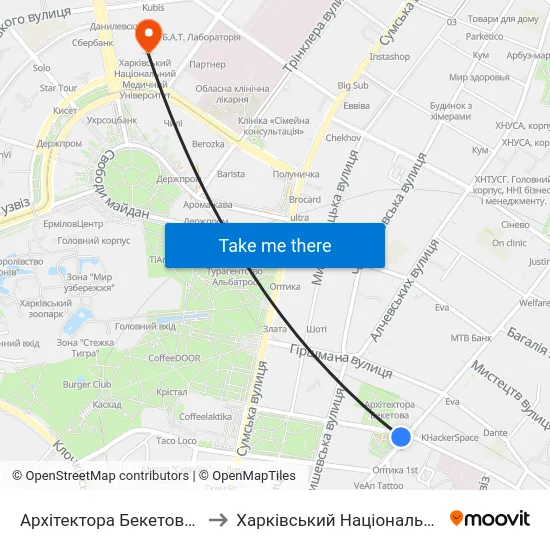 Архітектора Бекетова (Arkhitektora Beketova) to Харківський Національний Медичний Університет map