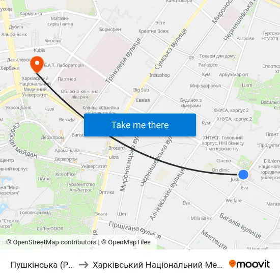 Пушкінська (Pushkinska) to Харківський Національний Медичний Університет map
