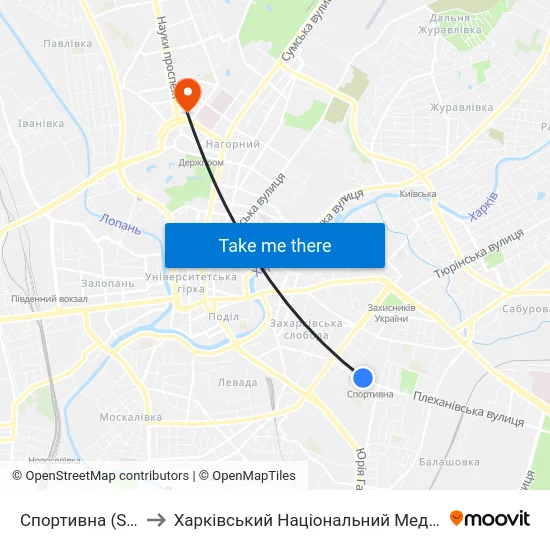 Спортивна (Sportyvna) to Харківський Національний Медичний Університет map