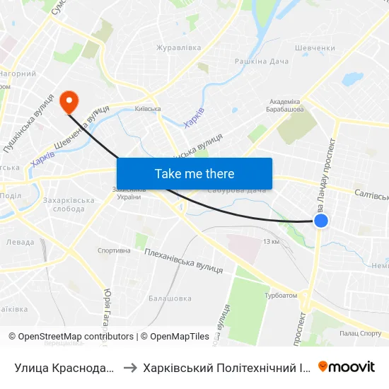 Улица Краснодарская to Харківський Політехнічний Інститут map