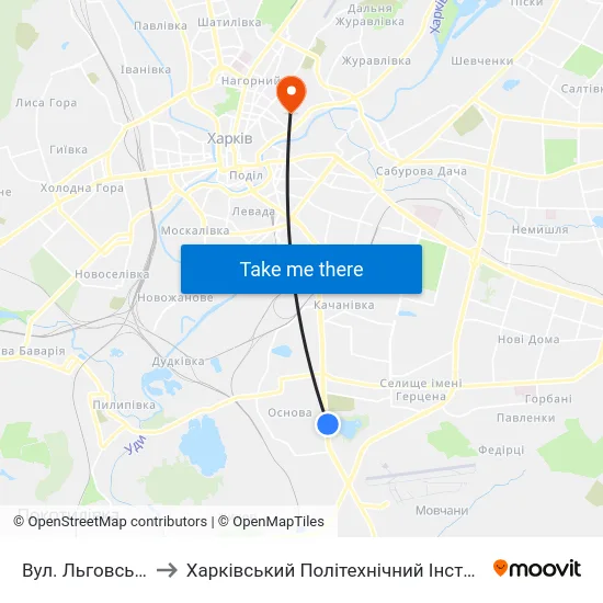 Вул. Льговська to Харківський Політехнічний Інститут map