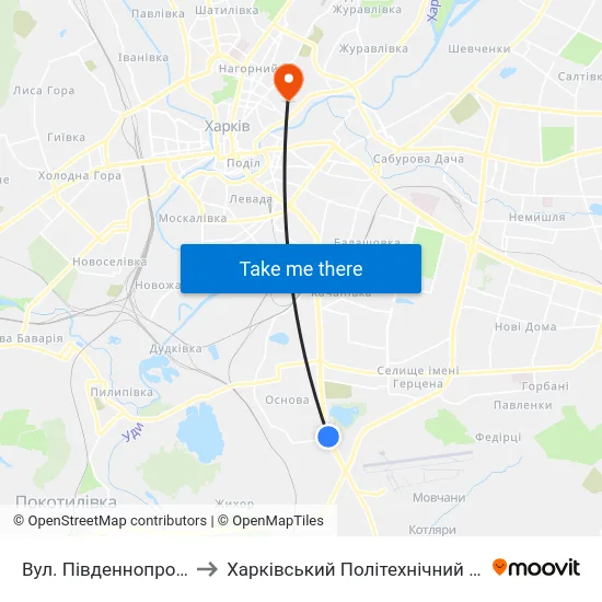 Вул. Пiвденнопроектна to Харківський Політехнічний Інститут map