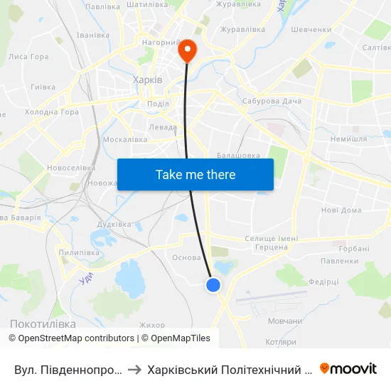 Вул. Пiвденнопроектна to Харківський Політехнічний Інститут map
