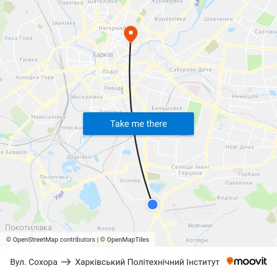 Вул. Сохора to Харківський Політехнічний Інститут map
