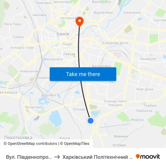 Вул. Пiвденнопроектна to Харківський Політехнічний Інститут map