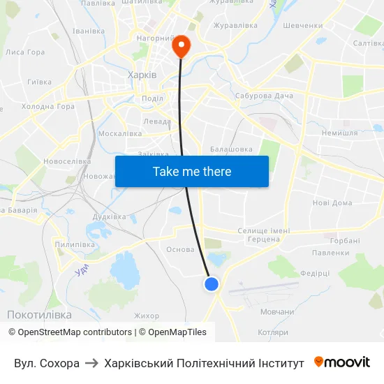 Вул. Сохора to Харківський Політехнічний Інститут map