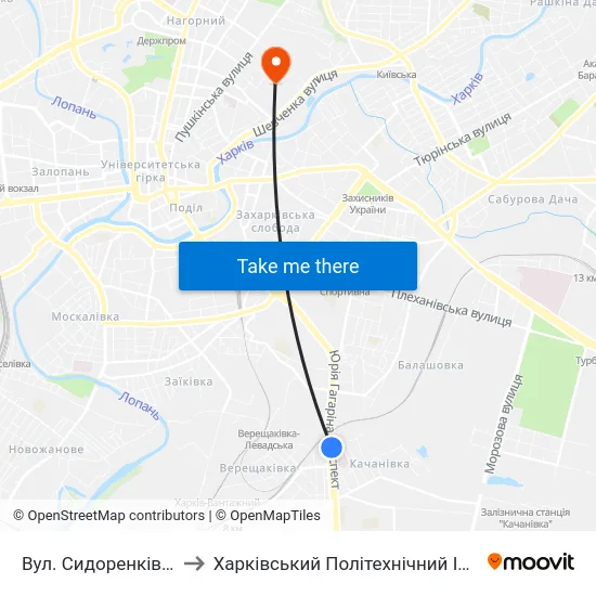 Вул. Сидоренкiвська to Харківський Політехнічний Інститут map