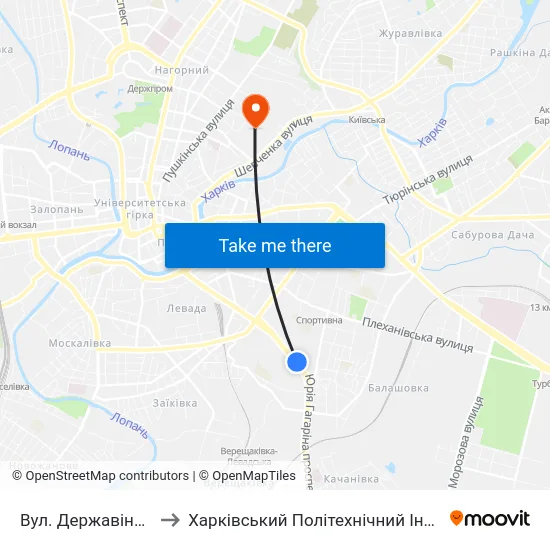 Вул. Державінська to Харківський Політехнічний Інститут map