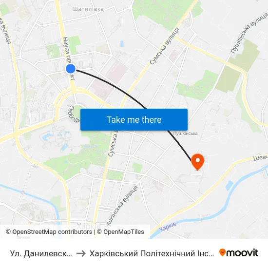 Ул. Данилевского to Харківський Політехнічний Інститут map