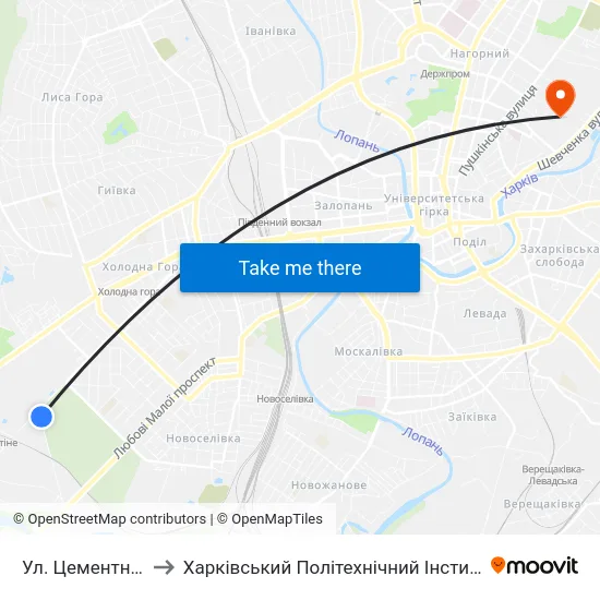 Ул. Цементная to Харківський Політехнічний Інститут map