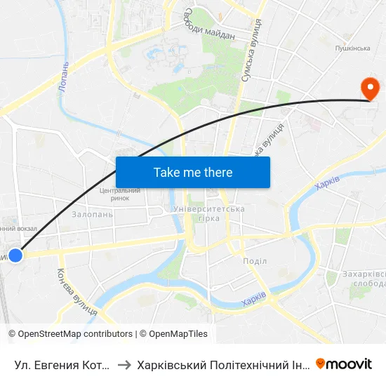 Ул. Евгения Котляра to Харківський Політехнічний Інститут map