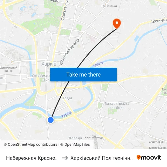 Набережная Красношкольная to Харківський Політехнічний Інститут map