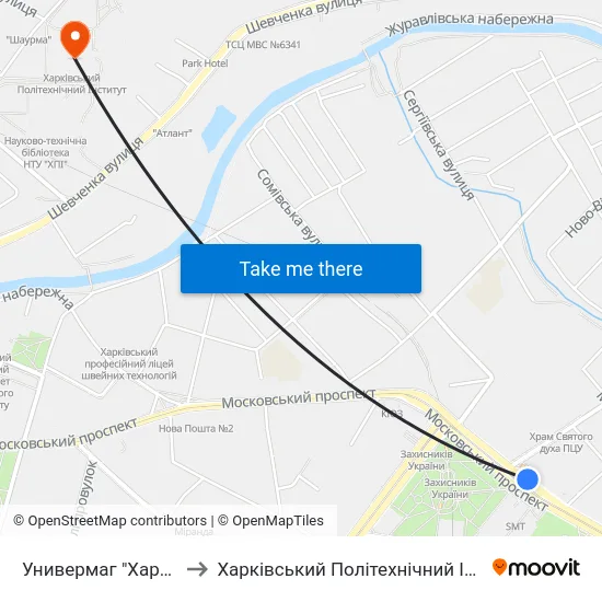 Универмаг "Харьков" to Харківський Політехнічний Інститут map