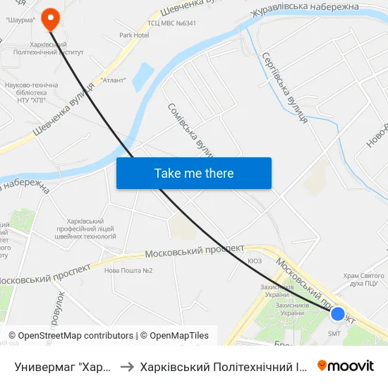 Универмаг "Харьков" to Харківський Політехнічний Інститут map