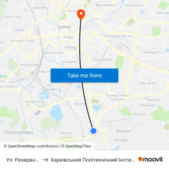 Ул. Резервная to Харківський Політехнічний Інститут map