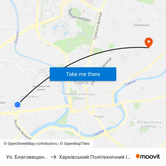 Ул. Благовещенская to Харківський Політехнічний Інститут map