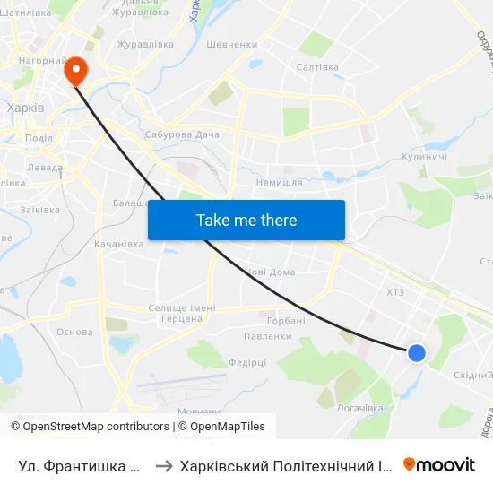 Ул. Франтишка Крала to Харківський Політехнічний Інститут map