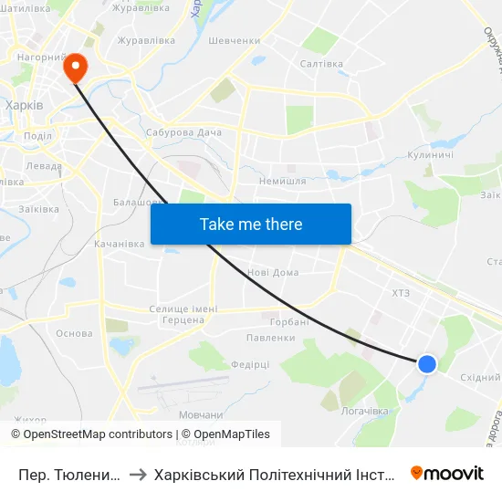 Пер. Тюленина to Харківський Політехнічний Інститут map