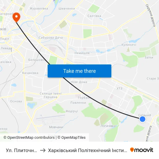 Ул. Плиточная to Харківський Політехнічний Інститут map