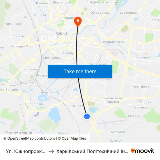 Ул. Южнопроектная to Харківський Політехнічний Інститут map