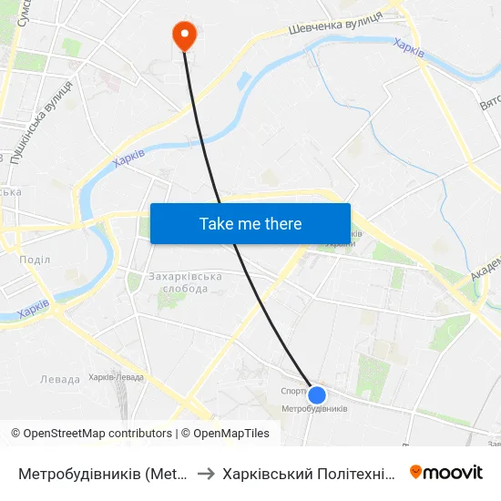 Метробудівників (Metrobudivnykiv) to Харківський Політехнічний Інститут map