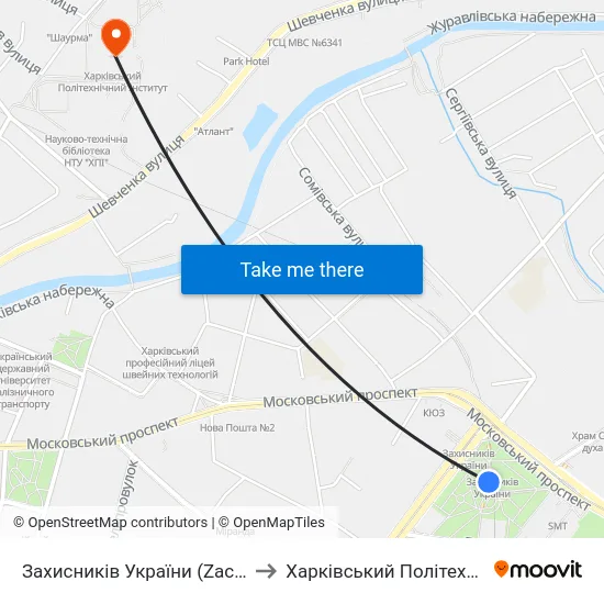 Захисників України (Zachysnykiv Ukrainy) to Харківський Політехнічний Інститут map