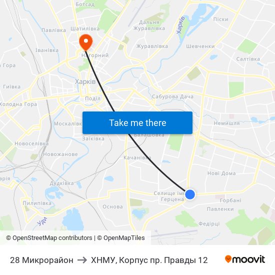 28 Микрорайон to ХНМУ, Корпус пр. Правды 12 map