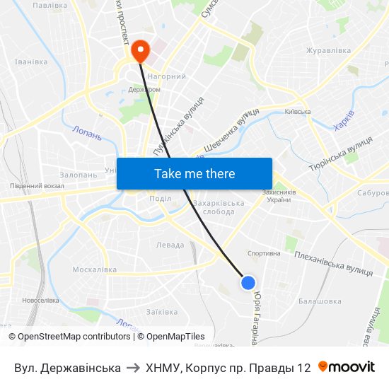 Вул. Державінська to ХНМУ, Корпус пр. Правды 12 map