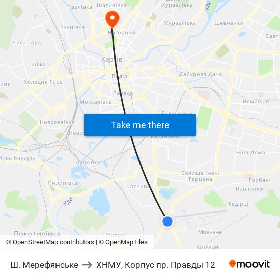 Ш. Мерефянське to ХНМУ, Корпус пр. Правды 12 map