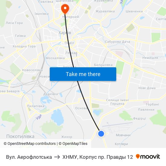 Вул. Аерофлотська to ХНМУ, Корпус пр. Правды 12 map