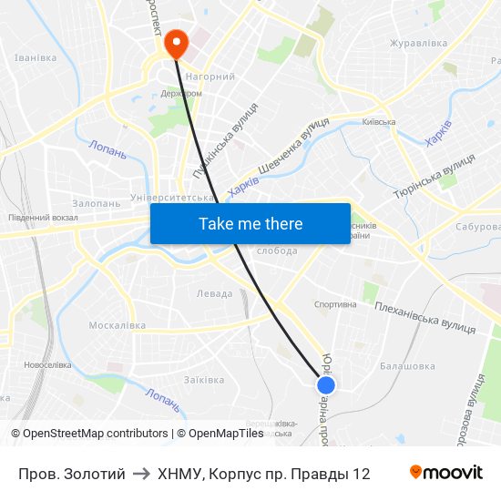 Пров. Золотий to ХНМУ, Корпус пр. Правды 12 map