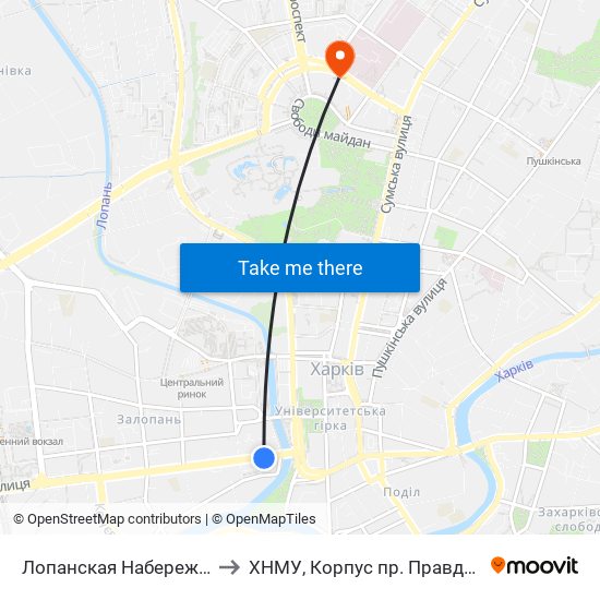 Лопанская Набережная to ХНМУ, Корпус пр. Правды 12 map