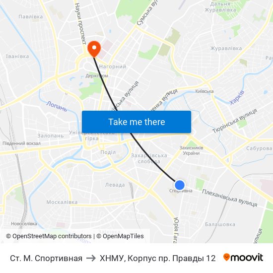 Ст. М. Спортивная to ХНМУ, Корпус пр. Правды 12 map