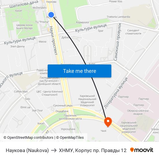 Наукова (Naukova) to ХНМУ, Корпус пр. Правды 12 map