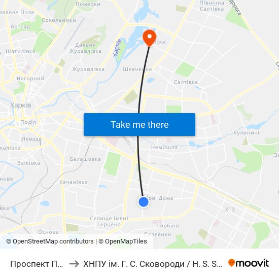Проспект Петра Григоренка, 11 to ХНПУ ім. Г. С. Сковороди / H. S. Skovoroda Kharkiv National Pedagogical University map