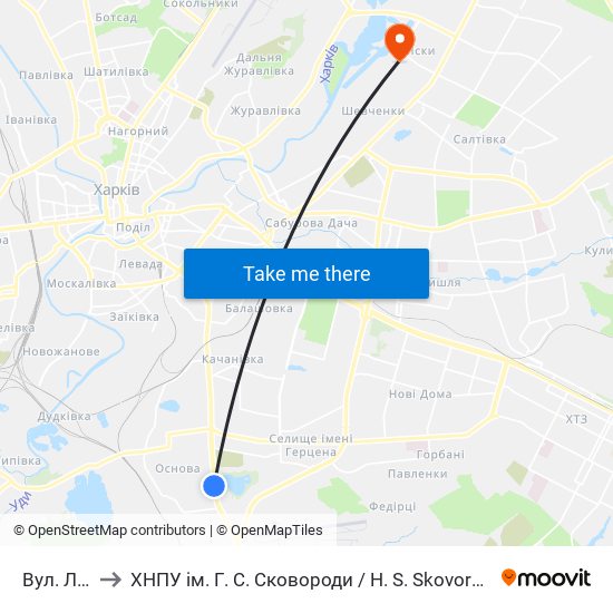 Вул. Льговська to ХНПУ ім. Г. С. Сковороди / H. S. Skovoroda Kharkiv National Pedagogical University map