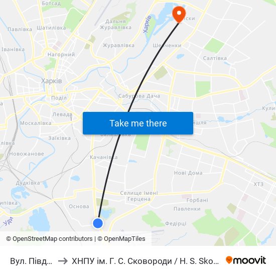 Вул. Пiвденнопроектна to ХНПУ ім. Г. С. Сковороди / H. S. Skovoroda Kharkiv National Pedagogical University map