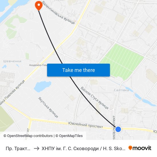 Пр. Тракторостроителей to ХНПУ ім. Г. С. Сковороди / H. S. Skovoroda Kharkiv National Pedagogical University map