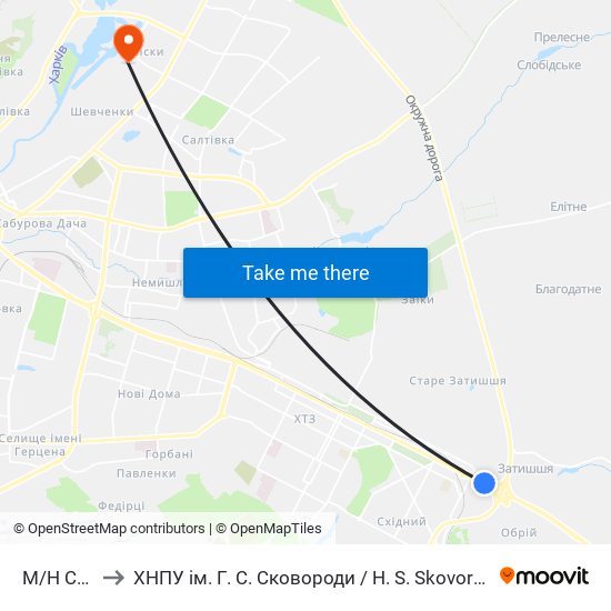 М/Н Солнечный to ХНПУ ім. Г. С. Сковороди / H. S. Skovoroda Kharkiv National Pedagogical University map