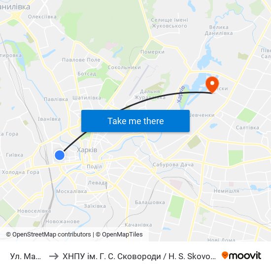 Ул. Малиновского to ХНПУ ім. Г. С. Сковороди / H. S. Skovoroda Kharkiv National Pedagogical University map