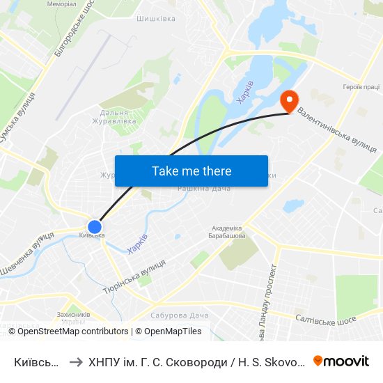 Київська (Kyivska) to ХНПУ ім. Г. С. Сковороди / H. S. Skovoroda Kharkiv National Pedagogical University map
