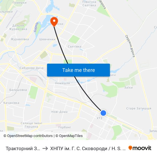 Тракторний Завод (Traktornyi Zavod) to ХНПУ ім. Г. С. Сковороди / H. S. Skovoroda Kharkiv National Pedagogical University map