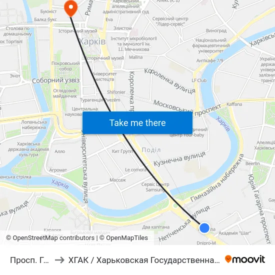 Просп. Гагаріна to ХГАК / Харьковская Государственная Академия Культуры map