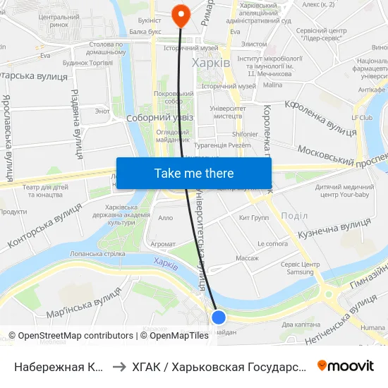Набережная Красношкольная to ХГАК / Харьковская Государственная Академия Культуры map