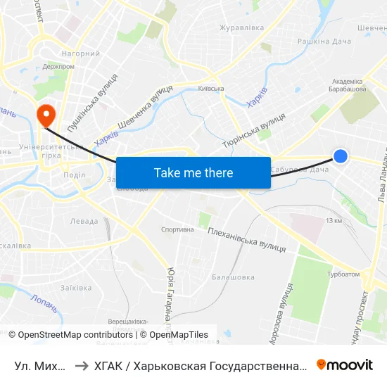 Ул. Михайлика to ХГАК / Харьковская Государственная Академия Культуры map