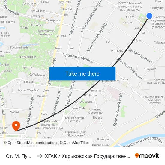 Ст. М. Пушкинская to ХГАК / Харьковская Государственная Академия Культуры map